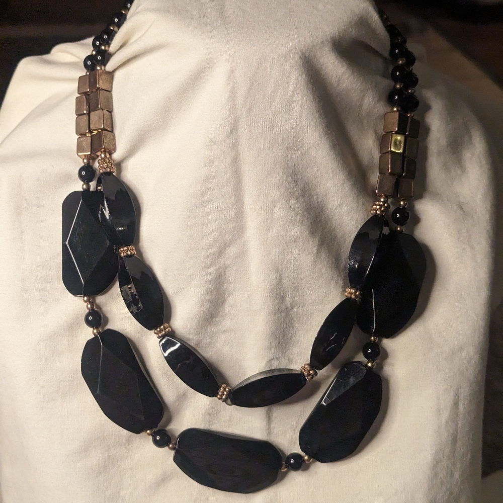 Black Faceted Beads & Copper 2 Strand Necklace